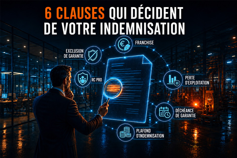 Illustration d'un contrat d'assurance entreprise avec six notions essentielles : franchise, perte d'exploitation, exclusion de garantie, RC Pro, déchéance de garantie et plafond d'indemnisation.